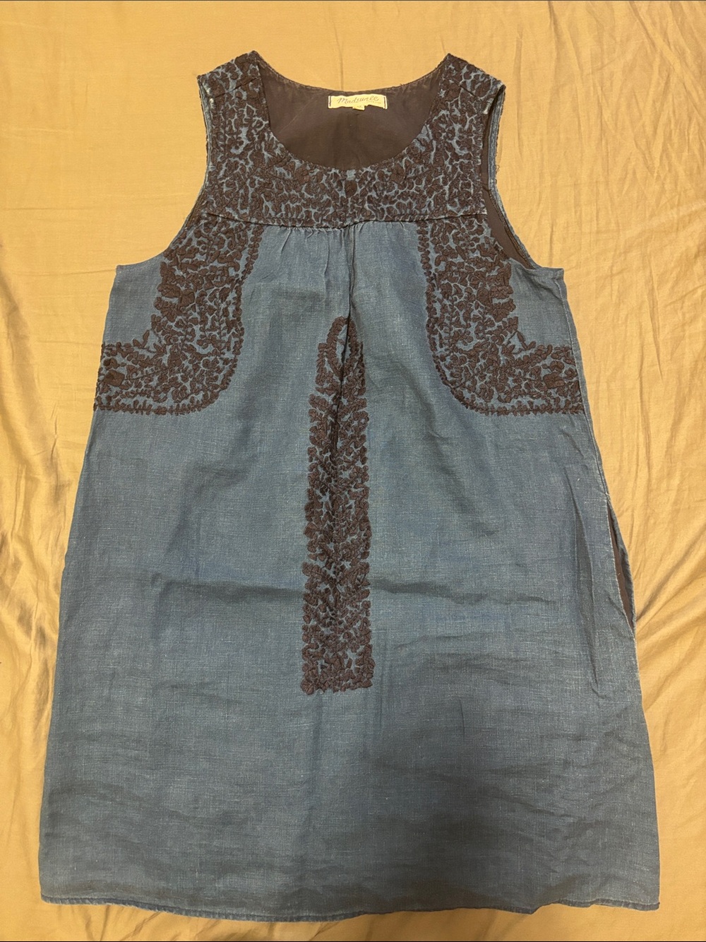 Madewell Blue Linen Dress with Brown Embroidery